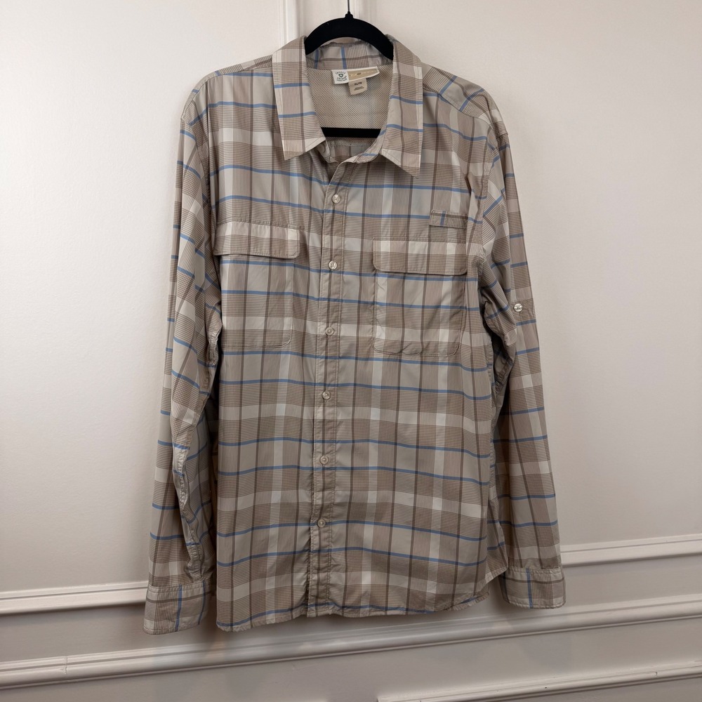 ExOfficio Insect Shield Plaid Long Sleeve Hiking Fishing Shirt Tan Blue XL